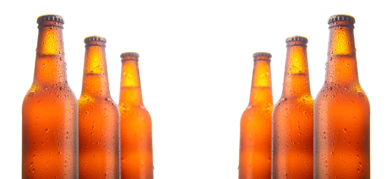 Set of six beer bottles isolated on white background